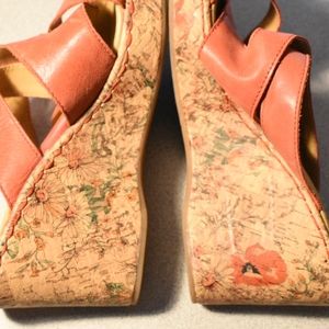 BOC floral coral leather strap sandal wedge heels